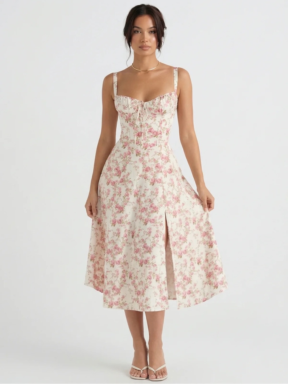All in Favor White Floral Midi Dress with Pink Print